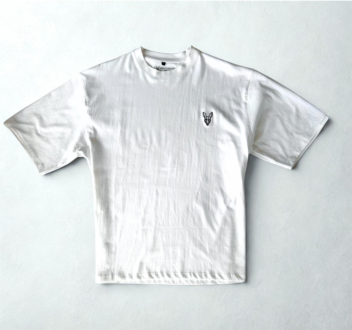 Fair Dinkums Oversized Tee — White (Black Embroidery & Back Print)