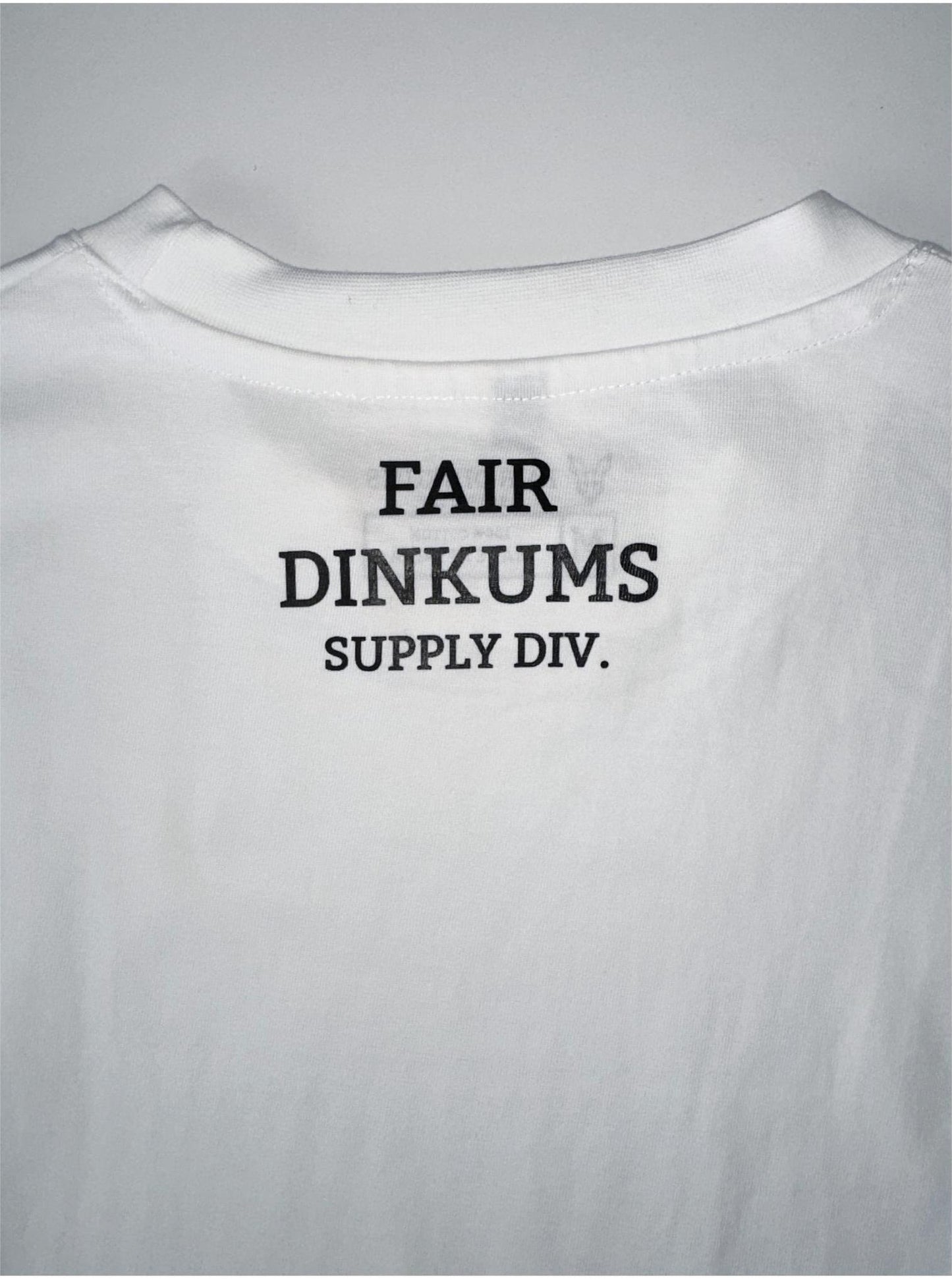 Fair Dinkums Oversized Tee — White (Black Embroidery & Back Print)