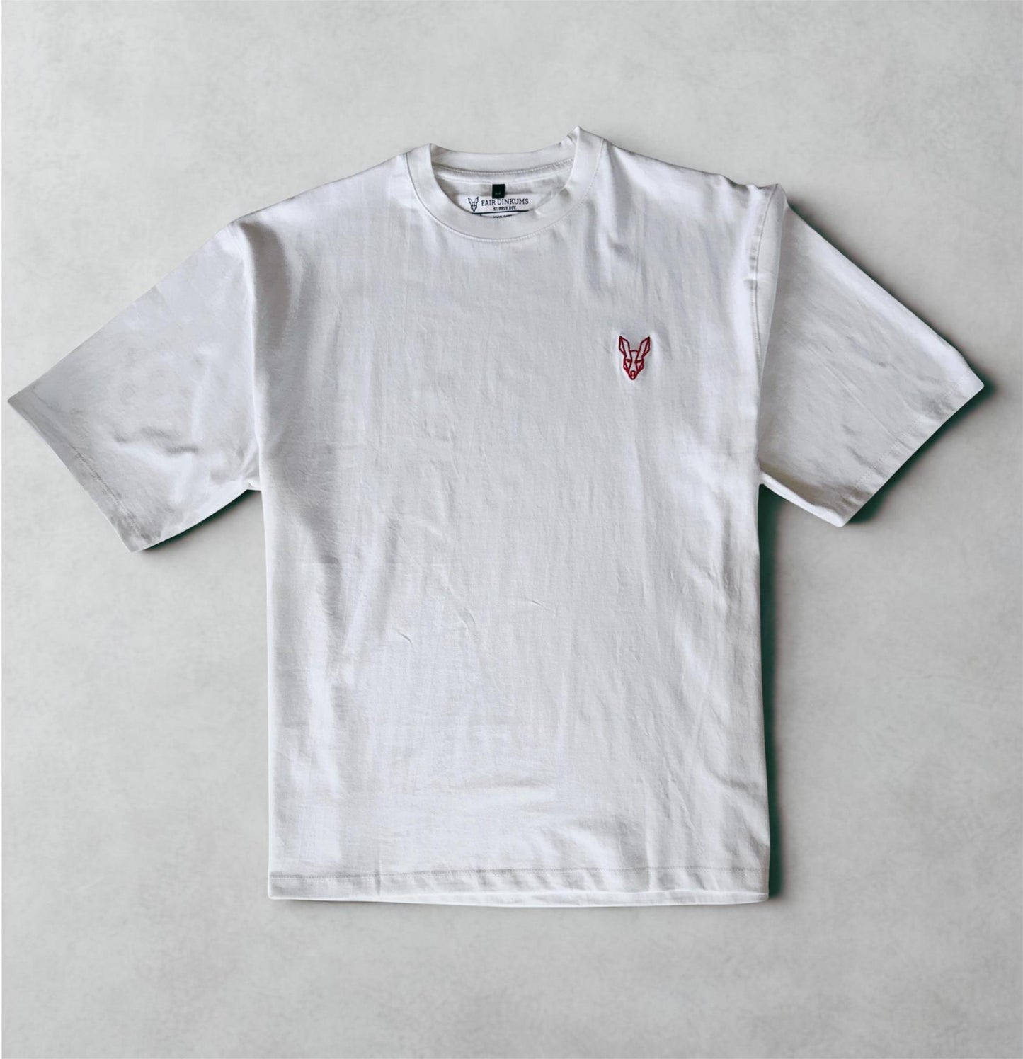 Fair Dinkums Oversized Tee — White (Red Embroidery & Back Print)