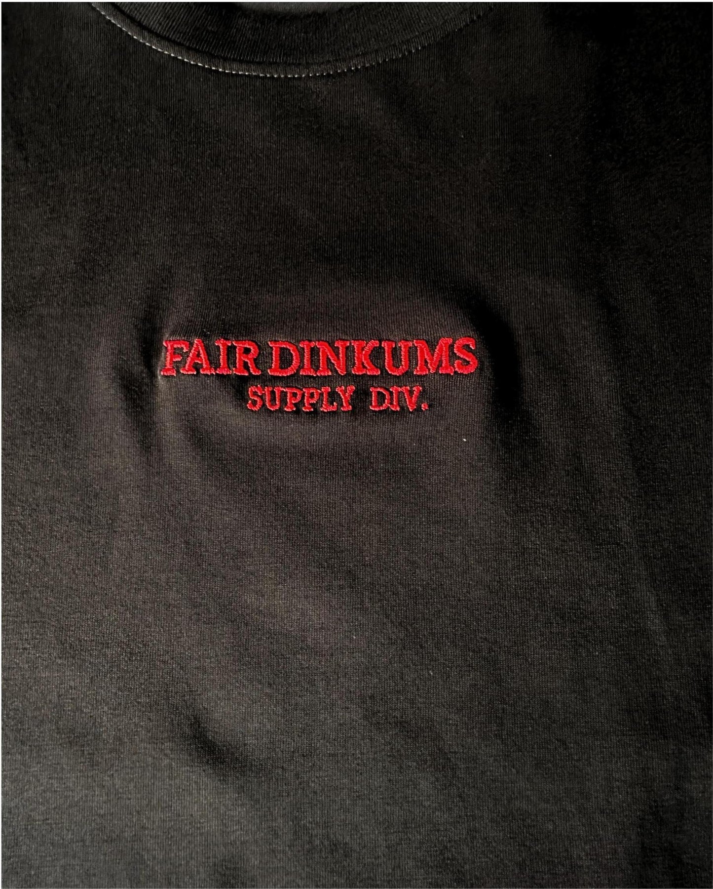Fair Dinkums Supima Cotton Tee — Black (Red Embroidery & Hem Detail)