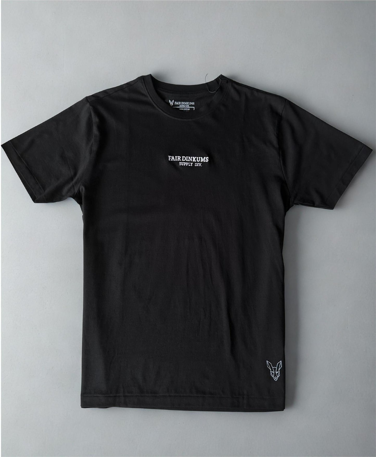 Fair Dinkums Supima Cotton Tee — Black (White Embroidery & Hem Print)