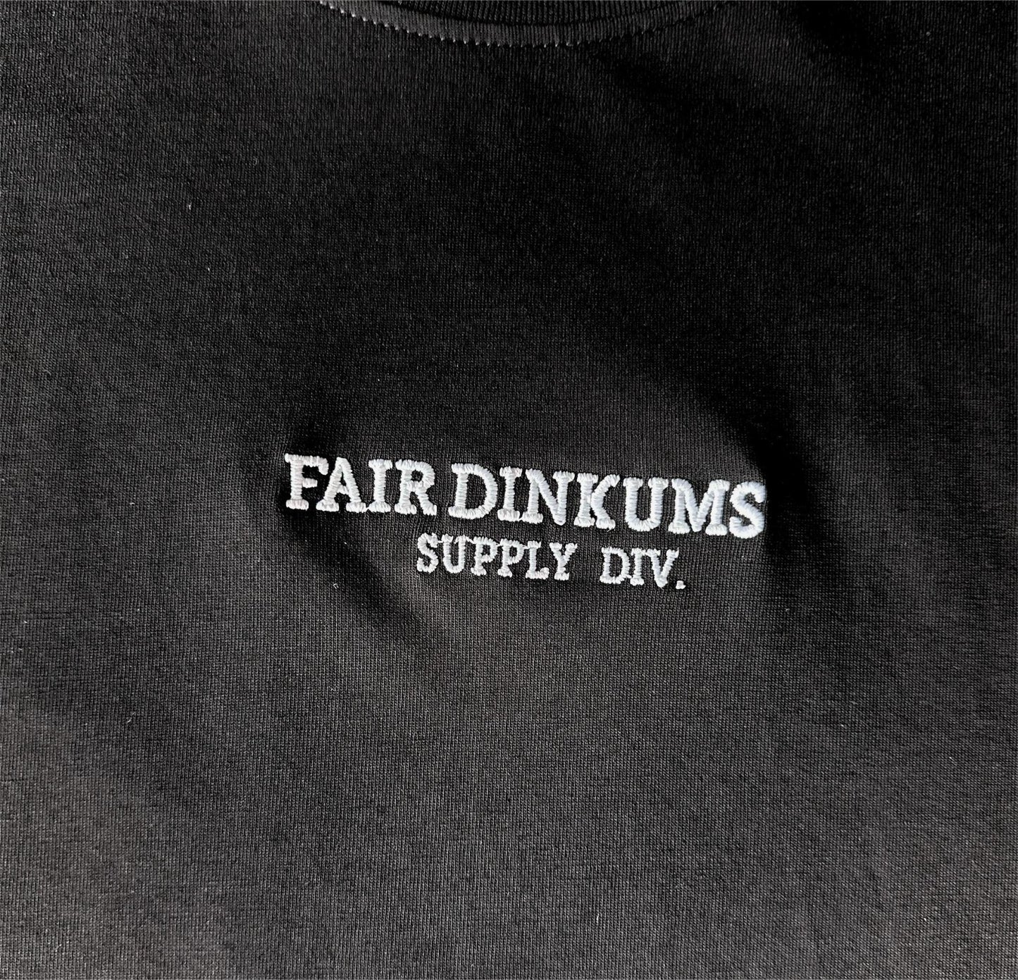 Fair Dinkums Supima Cotton Tee — Black (White Embroidery & Hem Print)