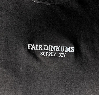 Fair Dinkums Supima Cotton Tee — Black (White Embroidery & Hem Print)