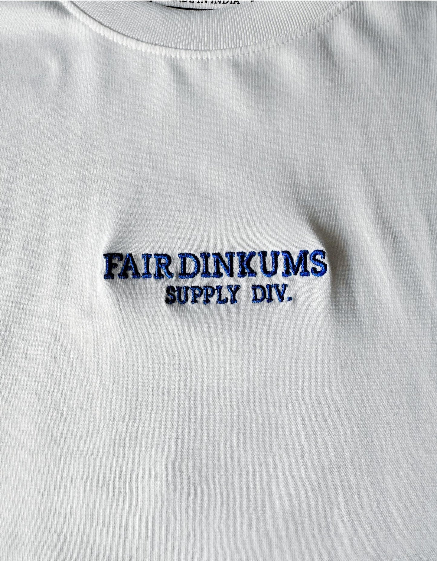 Fair Dinkums Supima Cotton Tee — White (Blue Embroidery & Hem Print)