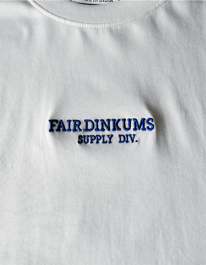 Fair Dinkums Supima Cotton Tee — White (Blue Embroidery & Hem Print)