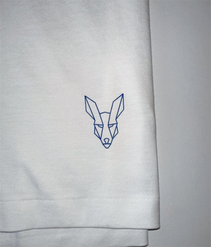 Fair Dinkums Supima Cotton Tee — White (Blue Embroidery & Hem Print)