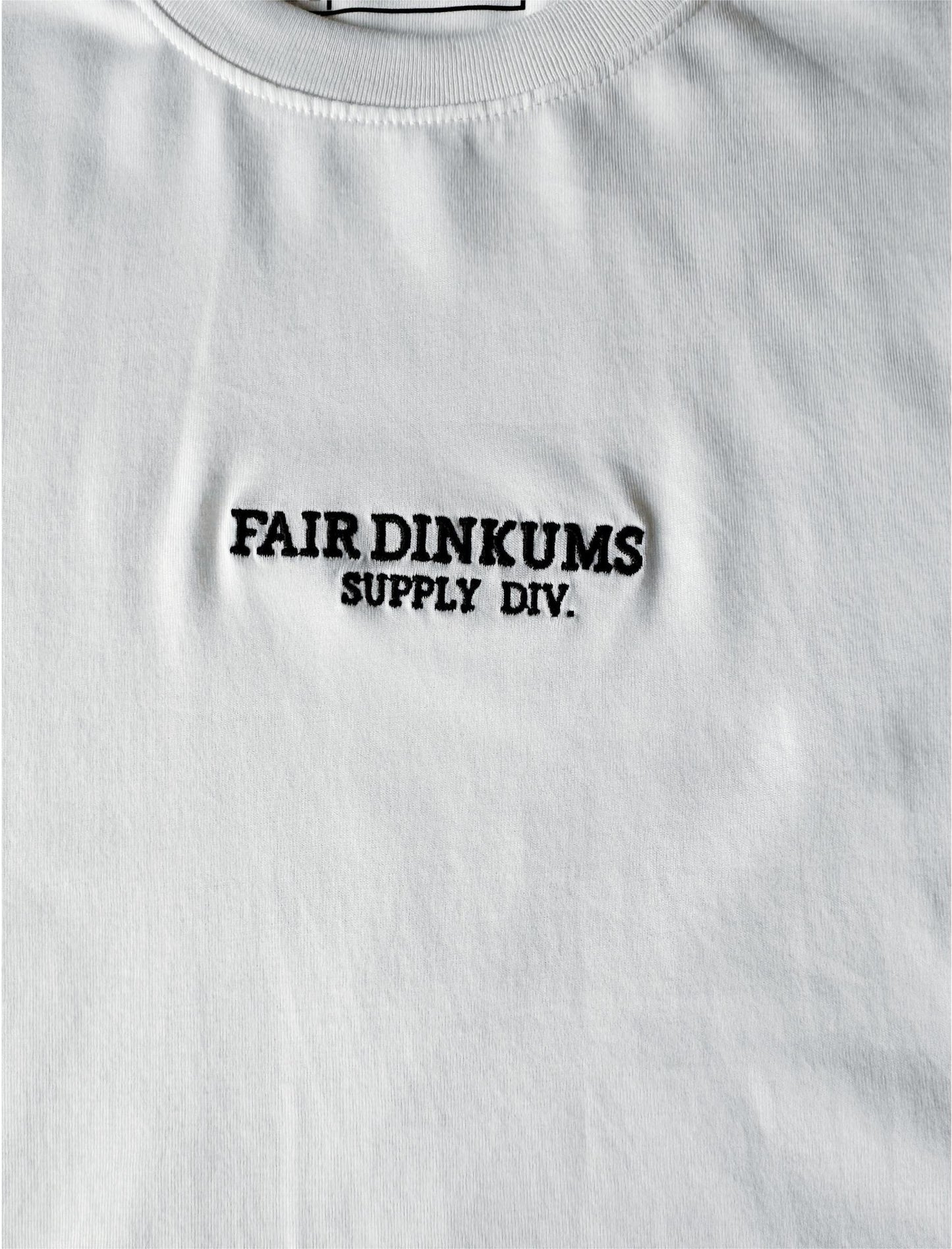 Fair Dinkums Supima Cotton Tee — White (Black Embroidery & Hem Print)