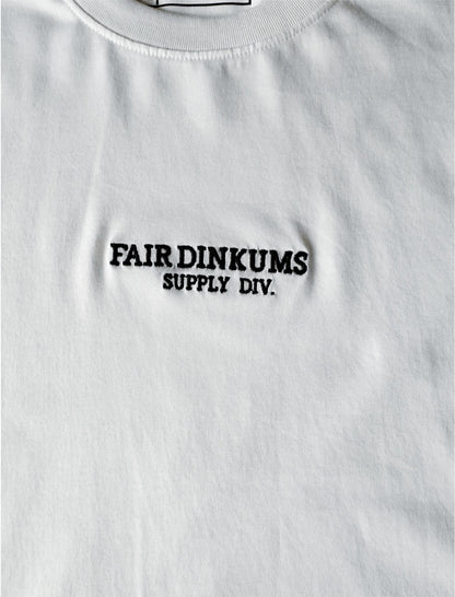 Fair Dinkums Supima Cotton Tee — White (Black Embroidery & Hem Print)