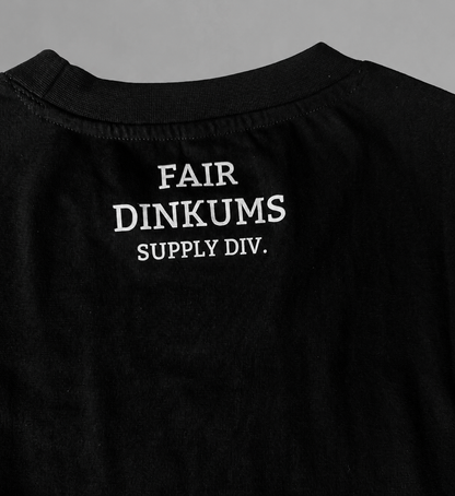 Fair Dinkums Oversized Tee — Black (White Embroidery & Back Print)