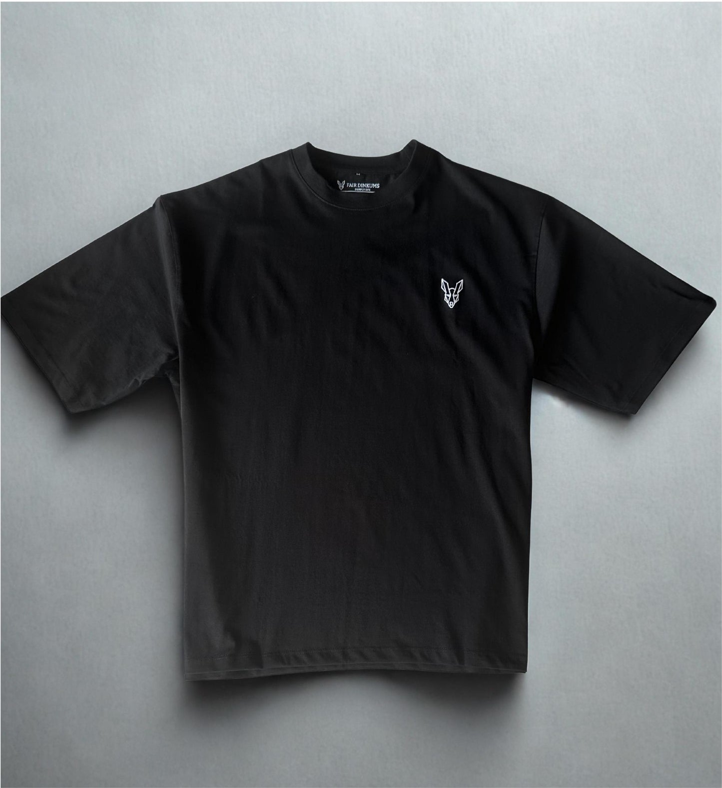 Fair Dinkums Oversized Tee — Black (White Embroidery & Back Print)