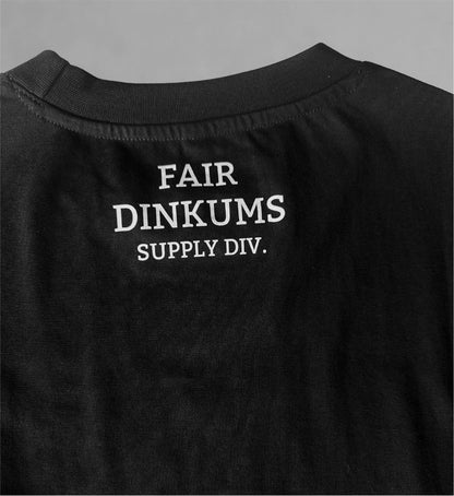 Fair Dinkums Oversized Tee — Black (White Embroidery & Back Print)