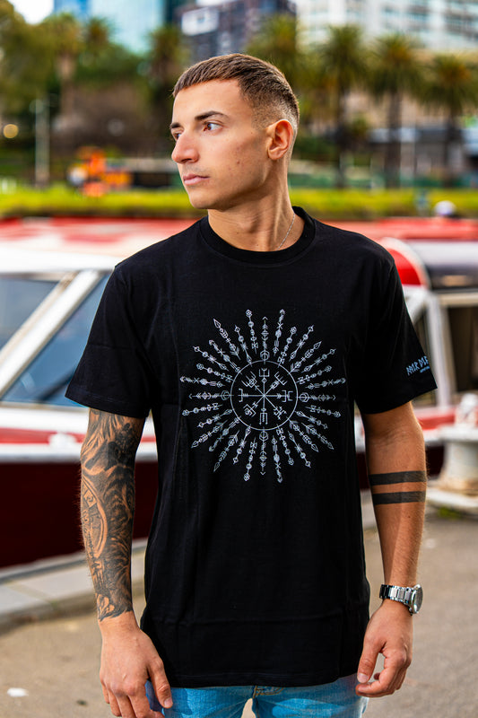 Fair Dinkums Vegvísir Tee — Black (Runic Compass Print)