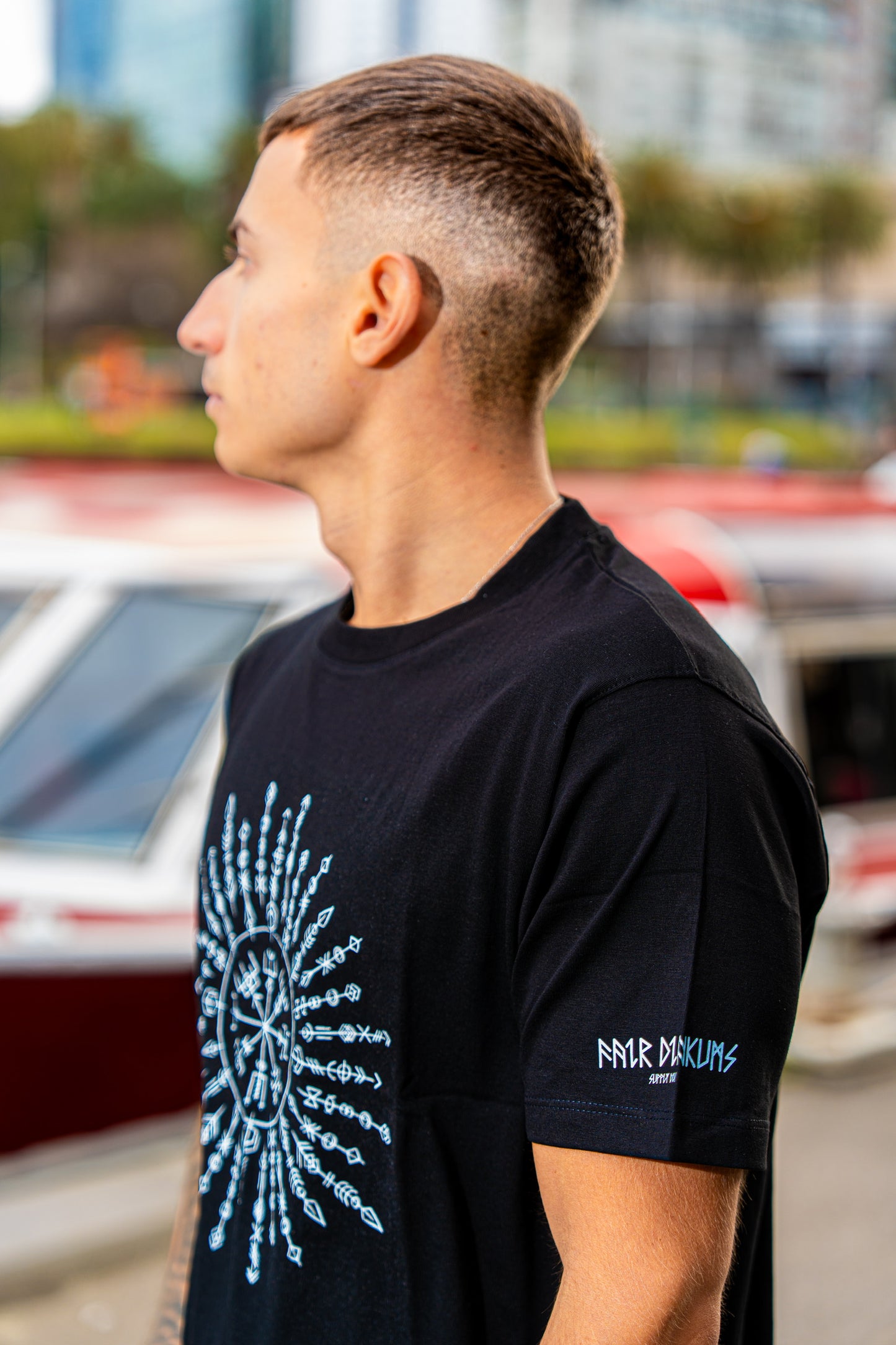 Fair Dinkums Vegvísir Tee — Black (Runic Compass Print)