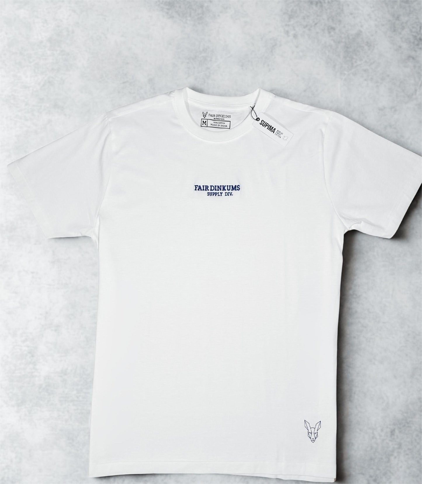 Fair Dinkums Supima Cotton Tee — White (Blue Embroidery & Hem Print)