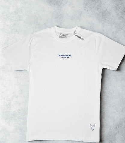 Fair Dinkums Supima Cotton Tee — White (Blue Embroidery & Hem Print)