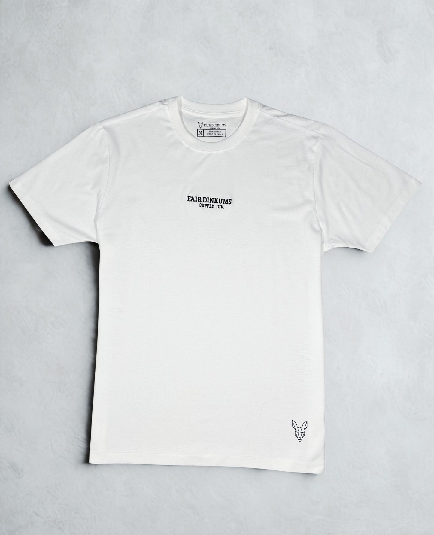 Fair Dinkums Supima Cotton Tee — White (Black Embroidery & Hem Print)