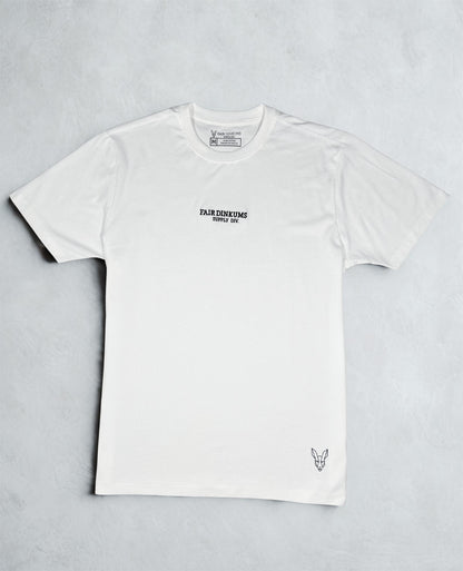 Fair Dinkums Supima Cotton Tee — White (Black Embroidery & Hem Print)