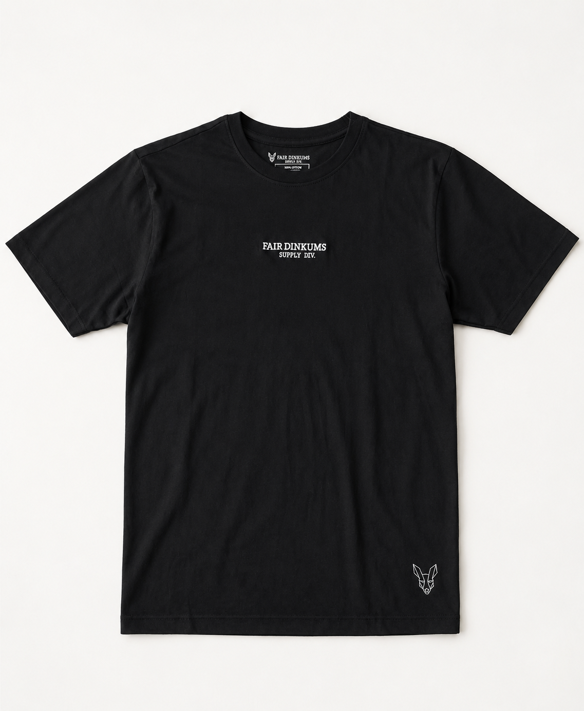 Fair Dinkums Supima Cotton Tee — Black (White Embroidery & Hem Print)