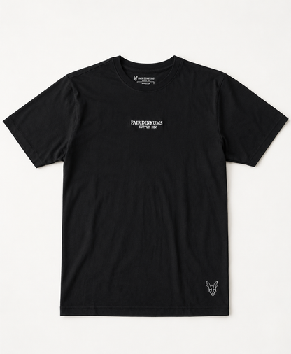 Fair Dinkums Supima Cotton Tee — Black (White Embroidery & Hem Print)