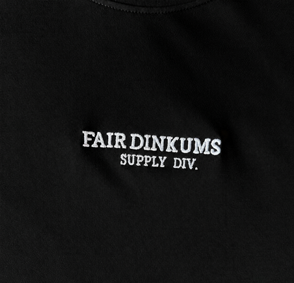 Fair Dinkums Supima Cotton Tee — Black (White Embroidery & Hem Print)