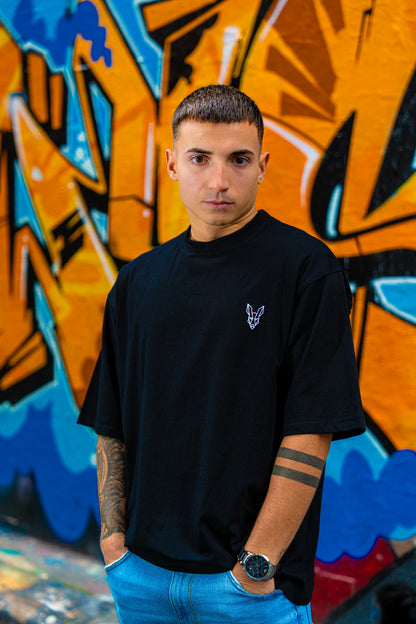 Fair Dinkums Oversized Tee — Black (White Embroidery & Back Print)