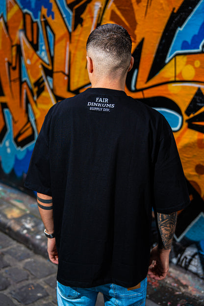 Fair Dinkums Oversized Tee — Black (White Embroidery & Back Print)