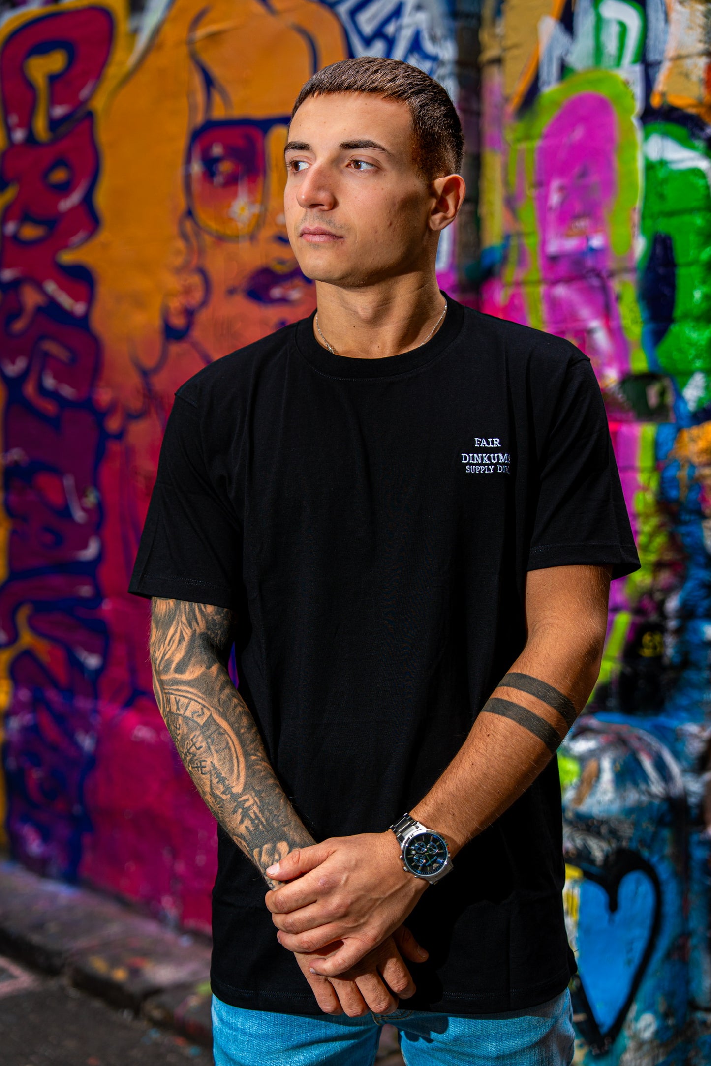 Fair Dinkums Classic Tee — Black (White Embroidery)