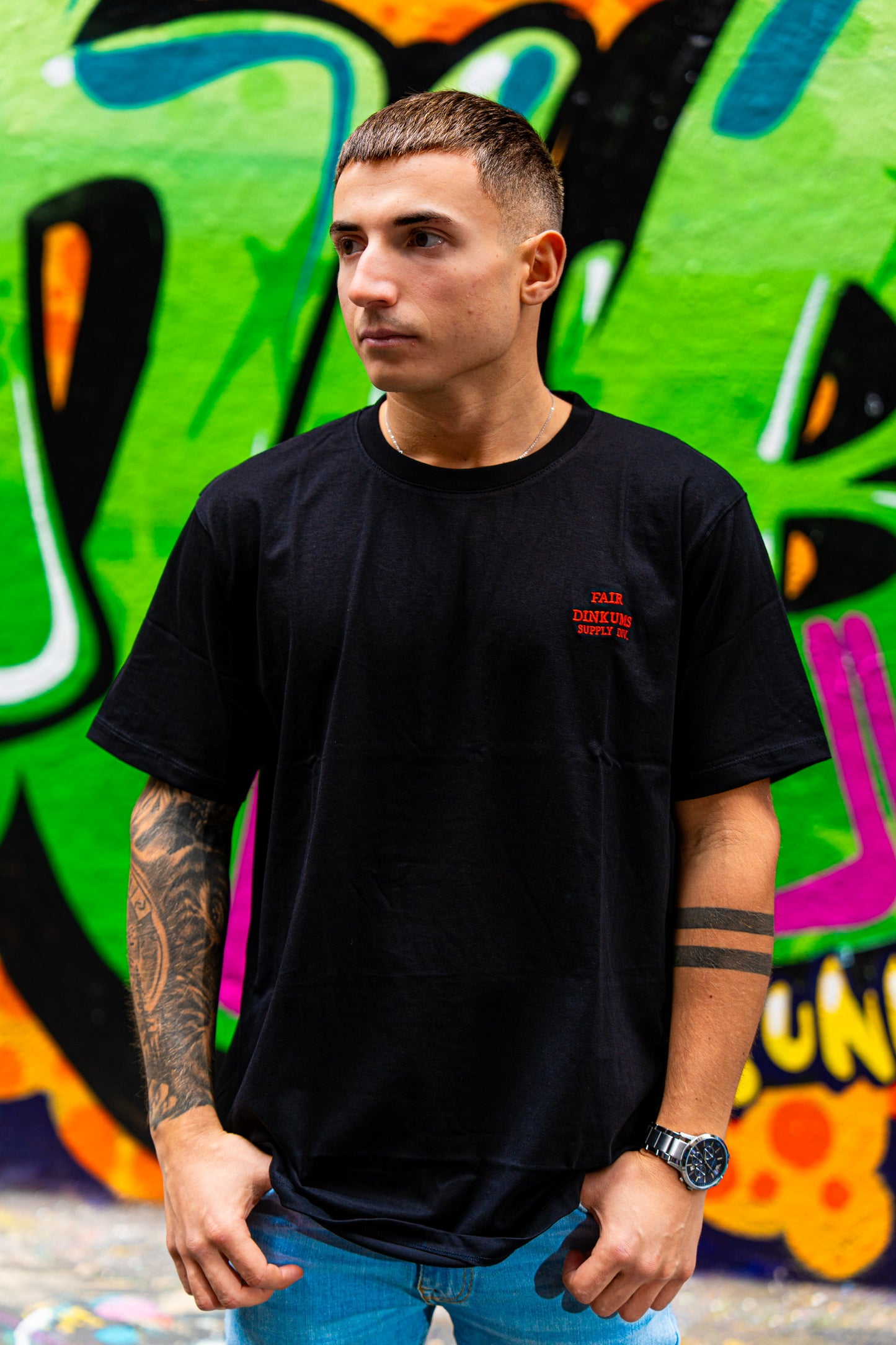 Fair Dinkums Classic Tee — Black (Red Embroidery)