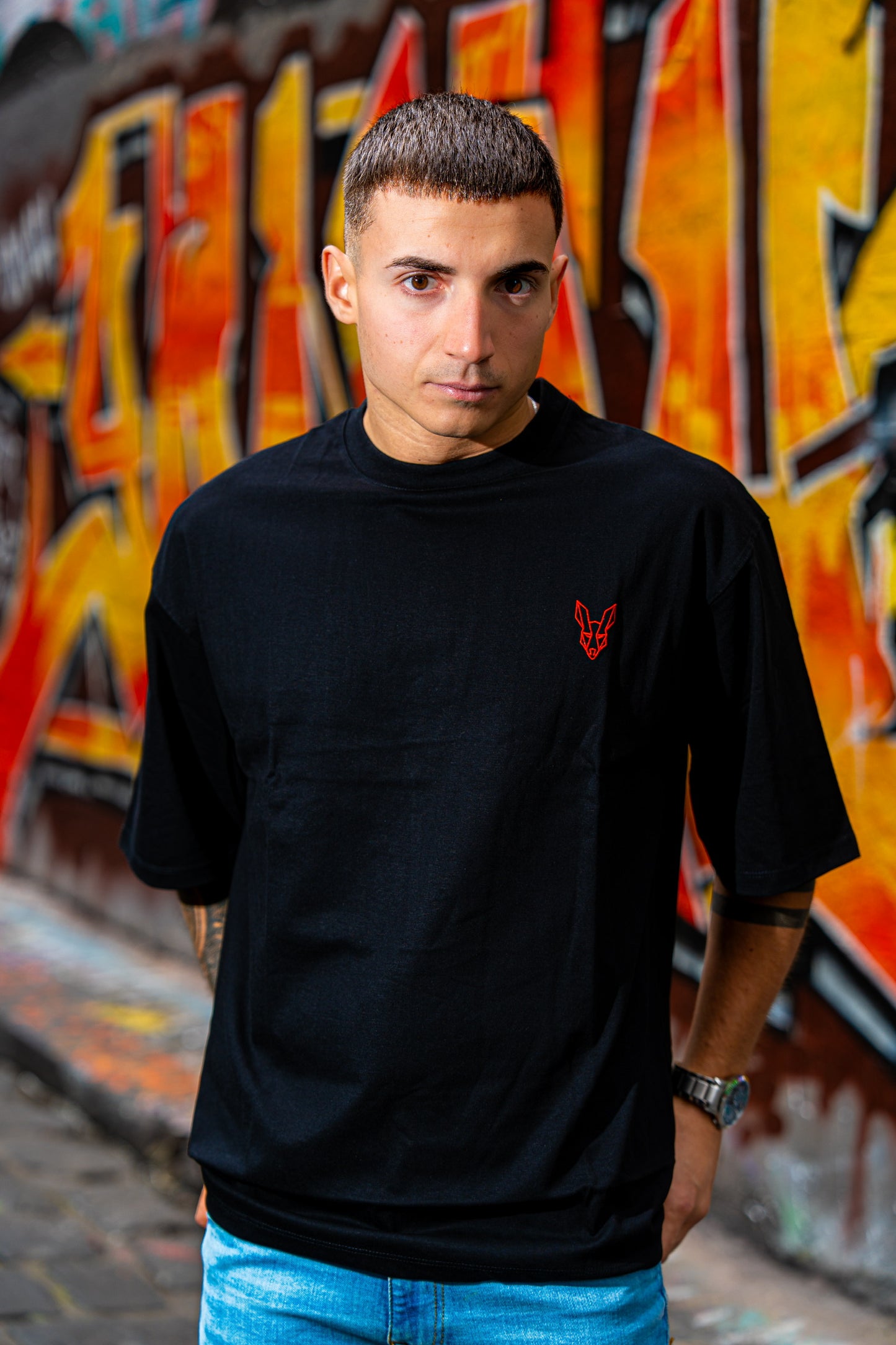 Fair Dinkums Oversized Tee — Black (Red Embroidery & Back Print)