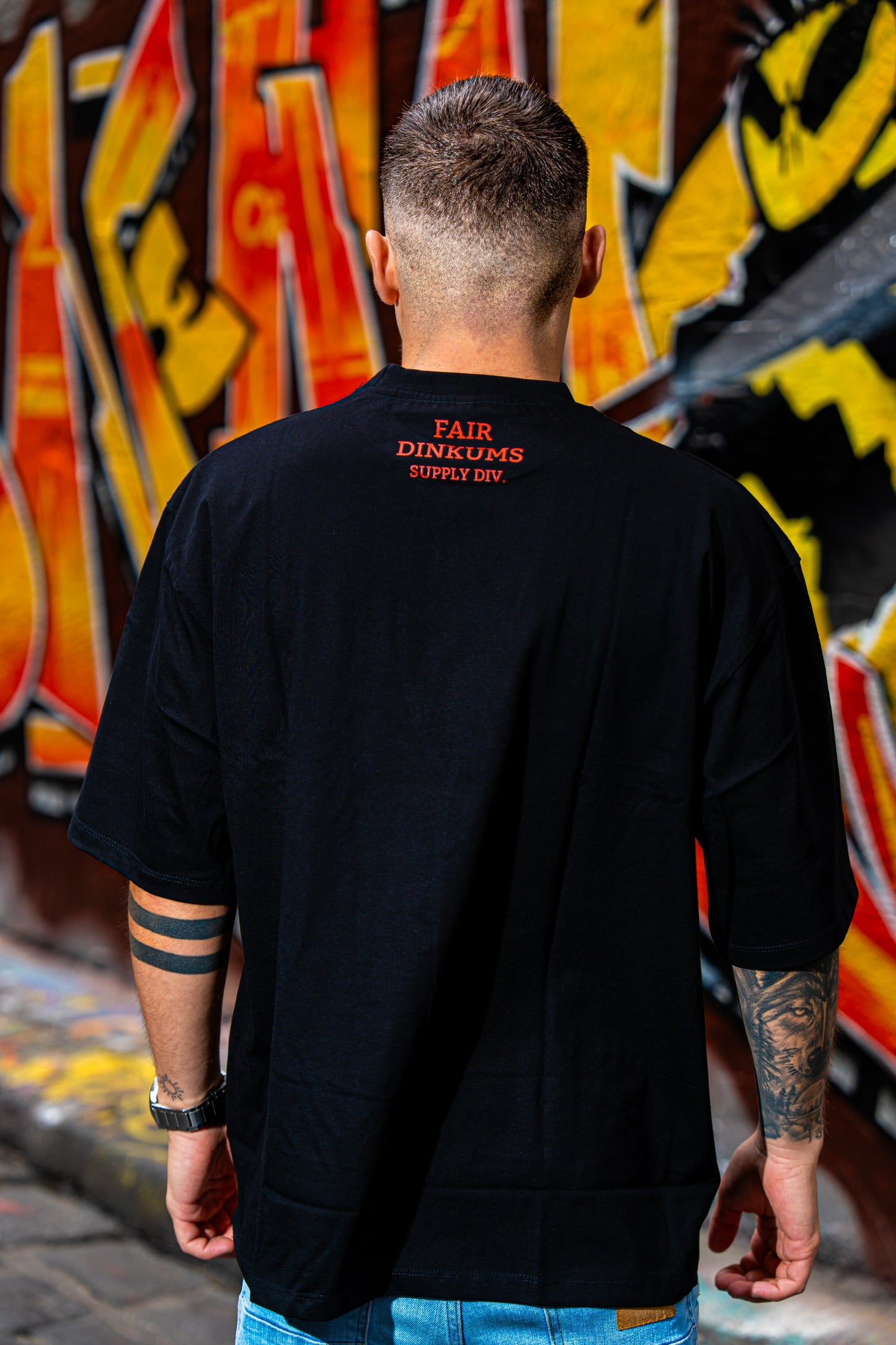 Fair Dinkums Oversized Tee — Black (Red Embroidery & Back Print)