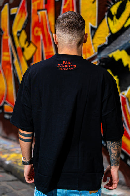 Fair Dinkums Oversized Tee — Black (Red Embroidery & Back Print)