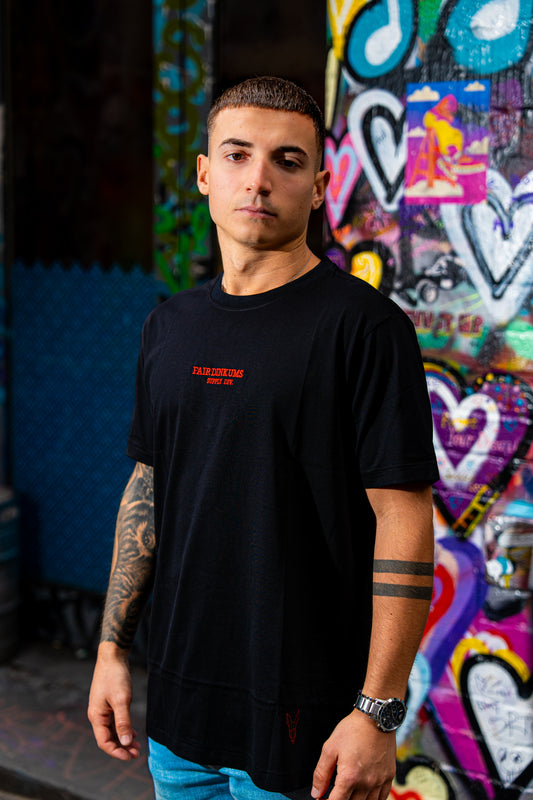 Fair Dinkums Supima Cotton Tee — Black (Red Embroidery & Hem Detail)