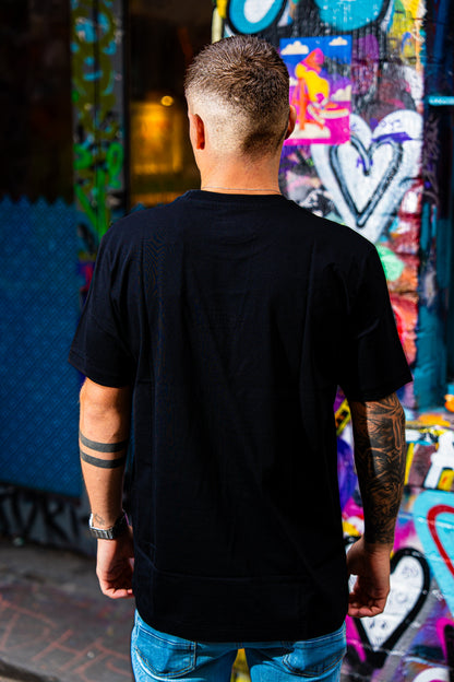 Fair Dinkums Supima Cotton Tee — Black (Red Embroidery & Hem Detail)