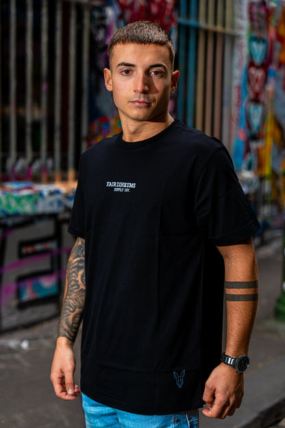 Fair Dinkums Supima Cotton Tee — Black (White Embroidery & Hem Print)