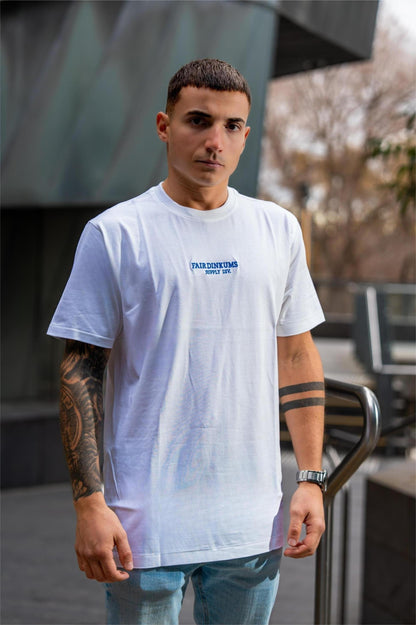 Fair Dinkums Supima Cotton Tee — White (Blue Embroidery & Hem Print)