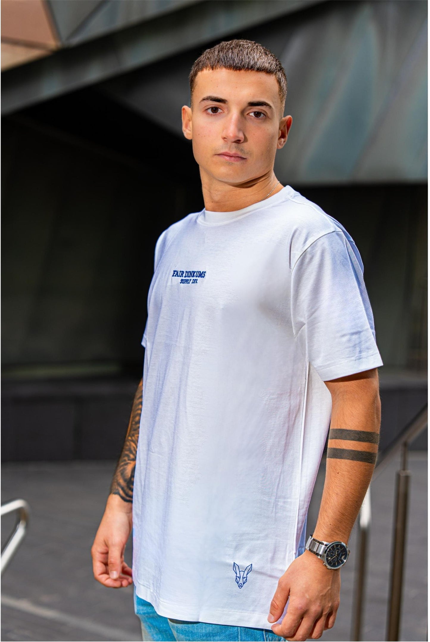 Fair Dinkums Supima Cotton Tee — White (Blue Embroidery & Hem Print)