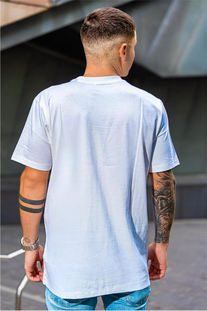 Fair Dinkums Supima Cotton Tee — White (Blue Embroidery & Hem Print)