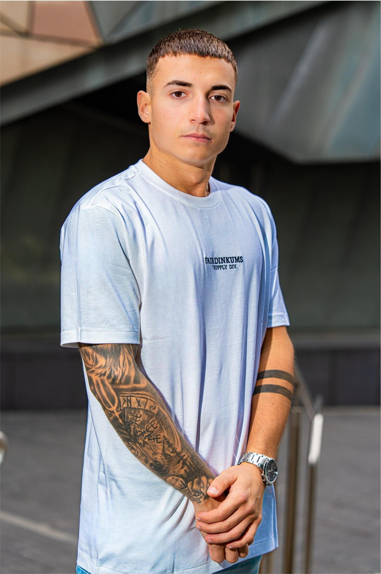 Fair Dinkums Supima Cotton Tee — White (Black Embroidery & Hem Print)