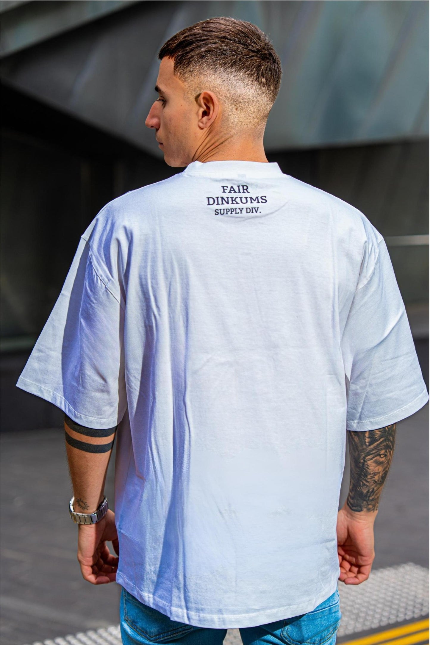 Fair Dinkums Oversized Tee — White (Black Embroidery & Back Print)