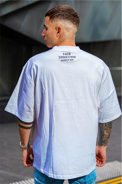 Fair Dinkums Oversized Tee — White (Black Embroidery & Back Print)