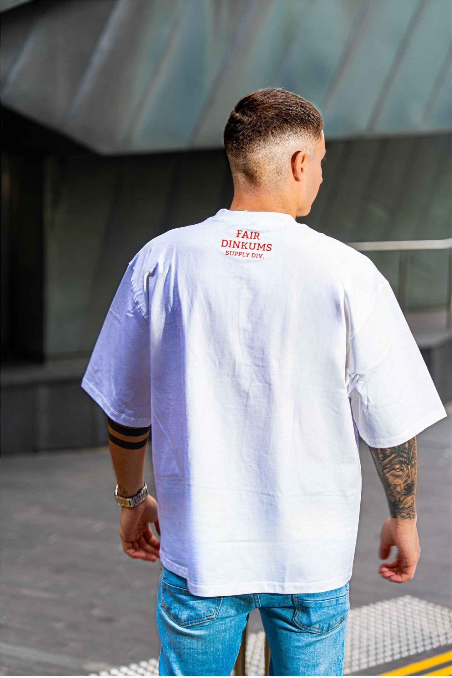 Fair Dinkums Oversized Tee — White (Red Embroidery & Back Print)