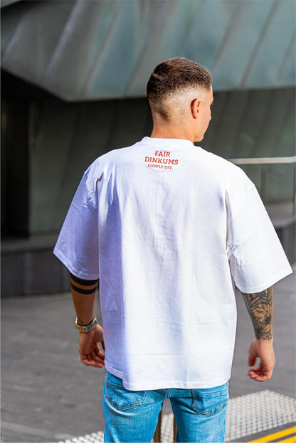 Fair Dinkums Oversized Tee — White (Red Embroidery & Back Print)